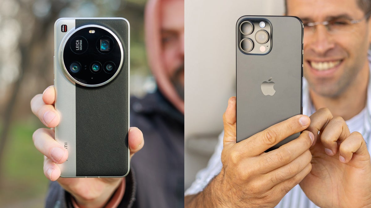 collage of Xiaomi 15 Ultra and iPhone 16 Pro Max held by two people