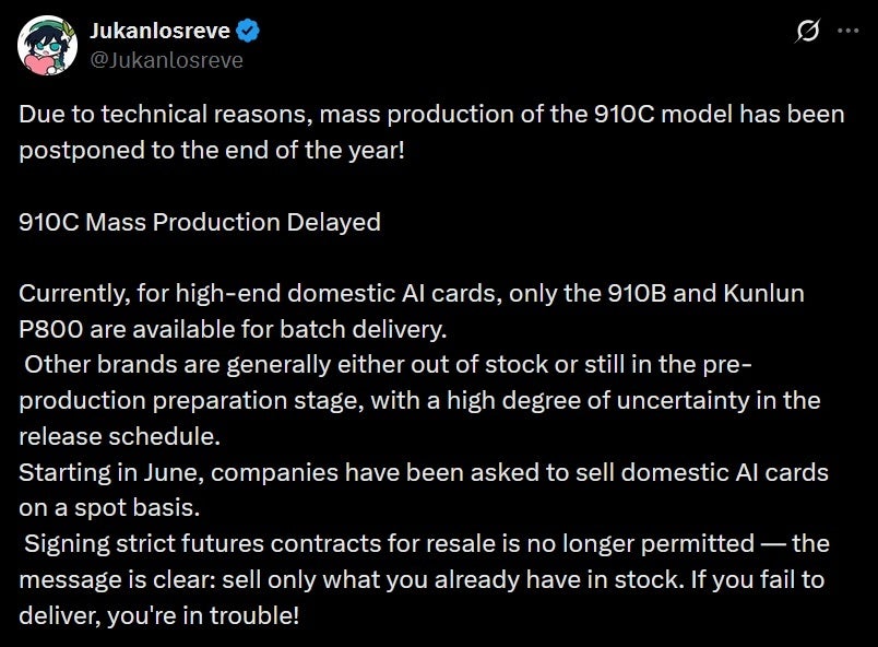 Production of the Huawei Ascend 910C AI accelerator is delayed until the end of 2025. | Image credit-X - Huawei delays production of its next AI accelerator as Nvidia plans a way to enter China